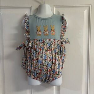 XXS 12M Itty Bitty Blue/Multicolor floral appliquéd rabbits sleeveless bubble